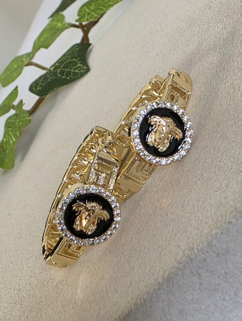 Gold Filled Medusa Greek Key Hoop Earrings Black Enamel CZ